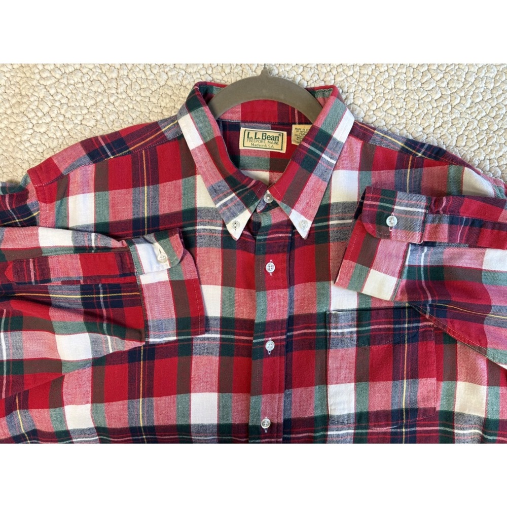 LL Bean Mens XL Plaid Button Down Shirt Red White Green Cotton Made in USA - Picture 7 of 8